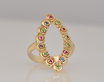 Handmade 14k Gold Marquise Ring, Sapphire, Ruby, Tsavorite Gemstone