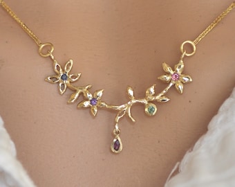 14K Solid Gold Flower Necklace with Gemstone Pendant, Dainty Floral Jewelry