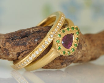 18k gold Band, Natural Eternity Diamond Ring, 18k Gold Wedding Ring, Ruby Gold Ring, Teardrop Ruby Ring, Set of Gold Diamond Ruby Tsavorite