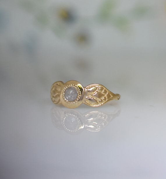 14k Gold Ring, Diamant Gold Ring, Unique Engagement, Solid Gold Ring, Woman Gold Ring Gift, Gold Engraved Ring, Floral Ring With Diamant