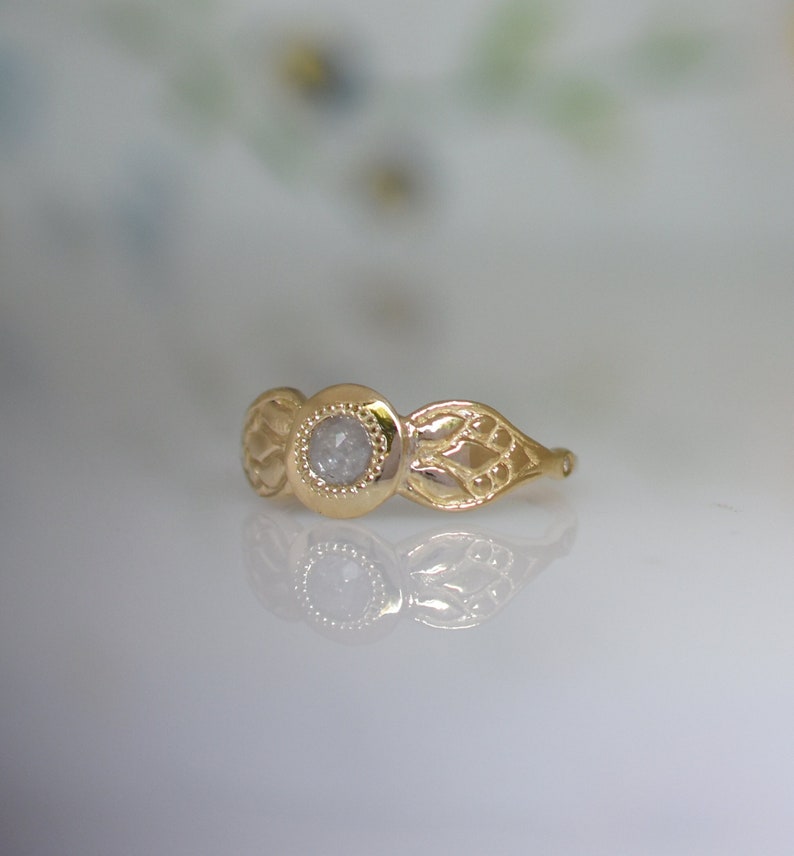 14k Gold Ring, Diamant Gold Ring, Unique Engagement, Solid Gold Ring, Woman Gold Ring Gift, Gold Engraved Ring, Floral Ring With Diamant