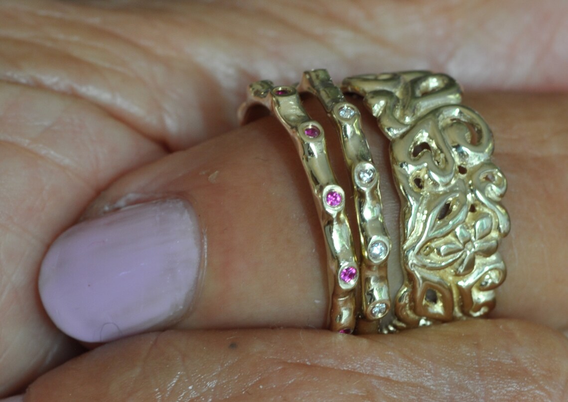 14K Gold Set of Rings Gemstones Stacking Rings Set of Gold Etsy