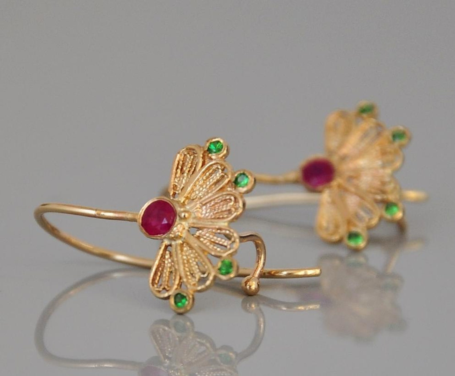 Indian Style Earrings 14k Gold Fine Earrings Red Ruby Etsy