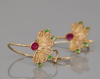 Indian Style Earrings, 14k Gold Fine Earrings, Red Ruby Earrings, Dangle Gold Earrings, Fine Jewelry Gift for Woman, Green and Red Gemstones