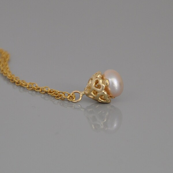 Solid Gold Pendant,Gold Pearl Necklace,Tiny Gold Necklace, 14k Gold Bell Pendant, Dainty Gold Necklace for Wife, Everyday Necklace for Woman