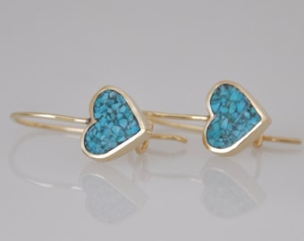 Heart Earrings for Mom, Turquoise Dangle Earring, Turquoise And Gold Dangle Drop Earring, 14k Solid Yellow Gold Earrings, Love Gift