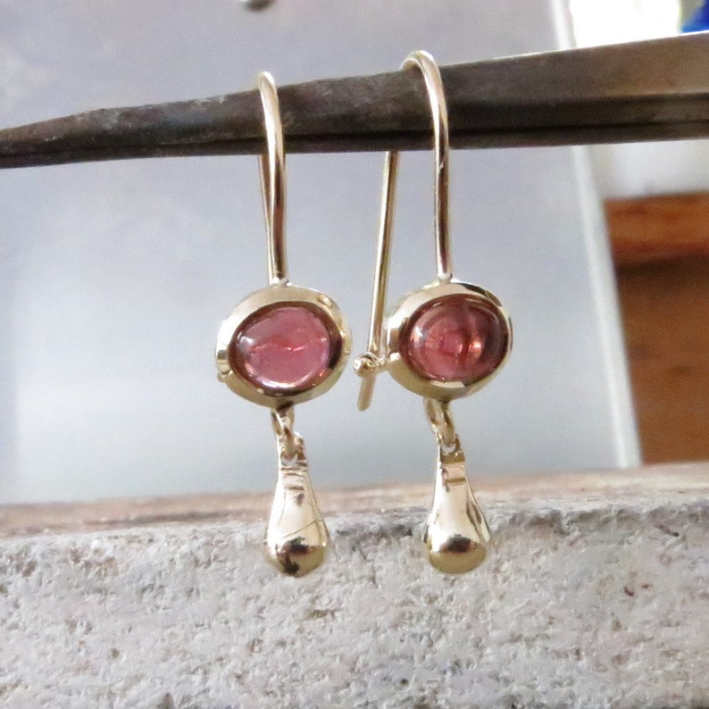 14k Gold Earrings, Pink Tourmaline Earrings, Dainty Hanging Earrings for Woman, Small Oval Pink Tourmaline, Solid Gold Fine Gift for Her image 2