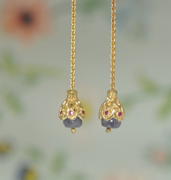 14k Gold Earrings Solid Gold Earrings Stud Dangle Gold Earrings Chain Dangle Earrings Ruby Gold Earrings Gold bell Engraved Earrings Etsy