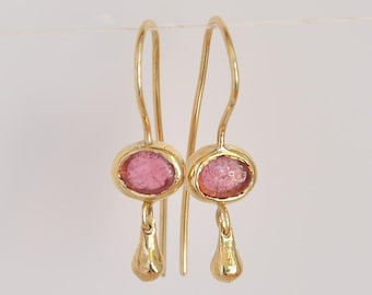 Gold Earrings , Gold and Tourmaline Earrings , 14k Solid Gold Dangle Earrings , Gemstone Earring , Tourmaline and Gold , Fine Jewelry