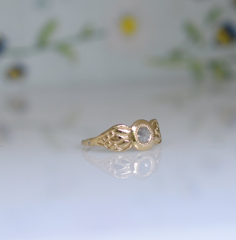 14k Gold Ring, Diamant Gold Ring, Unique Engagement, Solid Gold Ring, Woman Gold Ring Gift, Gold Engraved Ring, Floral Ring With Diamant