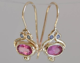 14k Gold Pink Tourmaline Earrings with Blue Sapphire, Handmade Dangle Earrings