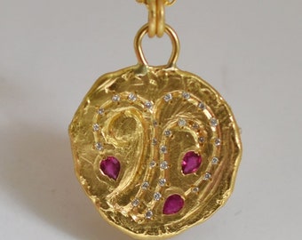 18k Solid Gold Ruby Pendant, Coin Necklace, Gold Necklace for Woman, Small Diamonds and Ruby Pendant, Organic Finish, OOAK 18k Gold Pendant