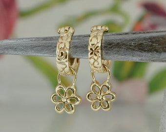 Pendiente de aro de oro macizo de 14 k, pendiente de aro único, pendiente con dije de flor, pendiente grabado a mano, joyería fina de oro para mujer, estilo indio