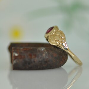 Gold Ruby Ring, Red Ruby Ring, Ruby Engagement Ring, 14k Gold Ring Gift for Women, Round 5 m"m Ruby Ring, Solid Gold Gold Engraved Leaf Ring