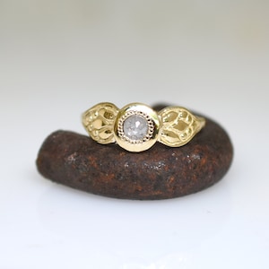 14k Gold Ring, Diamant Gold Ring, Unique Engagement, Solid Gold Ring, Woman Gold Ring Gift, Gold Engraved Ring, Floral Ring With Diamant