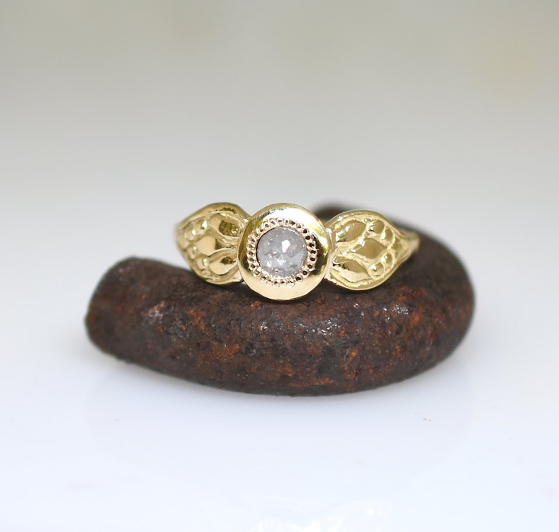 14k Gold Ring, Diamant Gold Ring, Unique Engagement, Solid Gold Ring, Woman Gold Ring Gift, Gold Engraved Ring, Floral Ring With Diamant