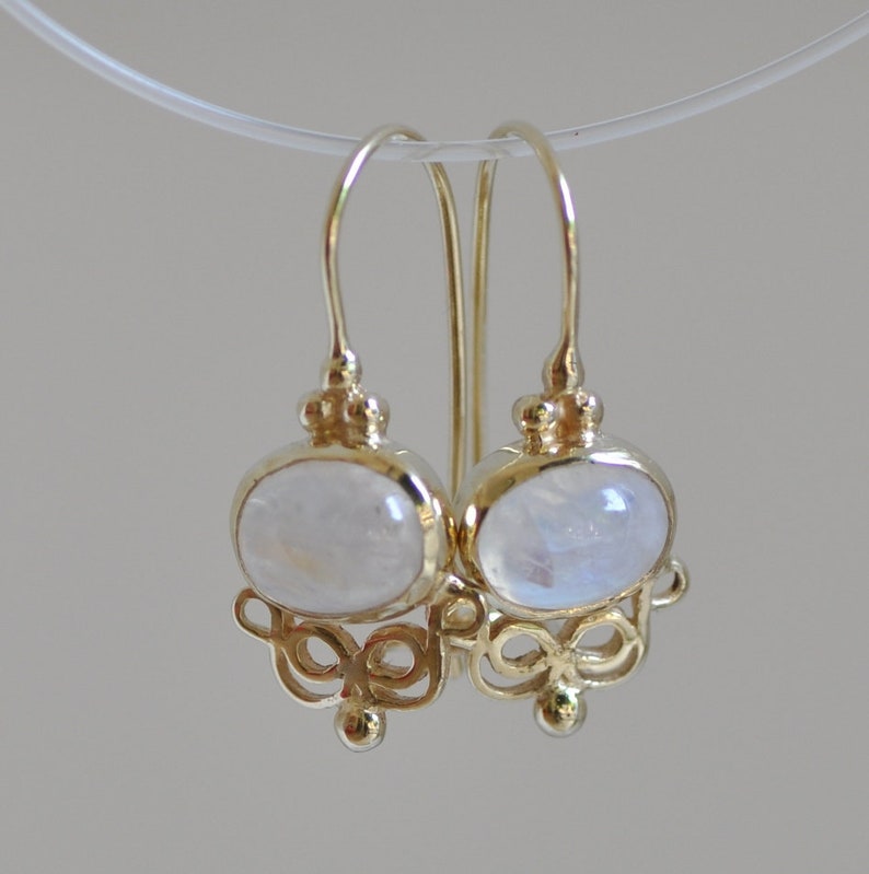 Moonstone Gold Earring Dangle 14k Gold Earrings Oriental Etsy