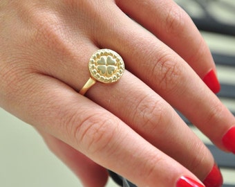 14k Gold Signet Ring , 14k Yellow Gold Ring, Solid Gold Ring, Heavy Statement Ring, Ring for Woman, Four Hearts, Round Ring, Made in Israel