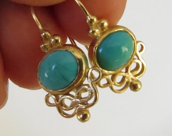 Pendientes de oro macizo de 14 k, pendientes colgantes de turquesa, regalo de Navidad para mujer, pendientes colgantes de oro amarillo, joyería fina de oro macizo.