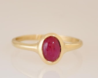 14k Gold Ruby Ring, Oval Cabochon Gemstone, Solid Yellow Gold, Gold Ring Gift For Women, Natural Ruby Gemstone,