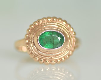 14k Rose Gold Ring, Green Emerald Ring, Ring For Woman, Solid Gold Ring, Oval Emerald Ring, Indian Style Emerald Ring, Engraved Gold Ring