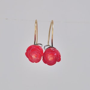 Coral Earrings, Red Flower Coral, 14k Solid Gold and Coral, Coral Dangle Earrings, Engraved Red Coral