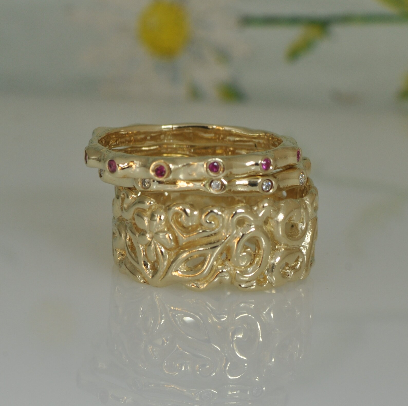 14K Gold Set of Rings Gemstones Rings Set of Gold Rings Etsy