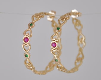 Gold Hoop Earrings , Large Hoop Earrings , Gold Hoops , 14K Hoop Earrings , 14k gold Earrings , Ruby Earrings , Yellow Gold Earrings