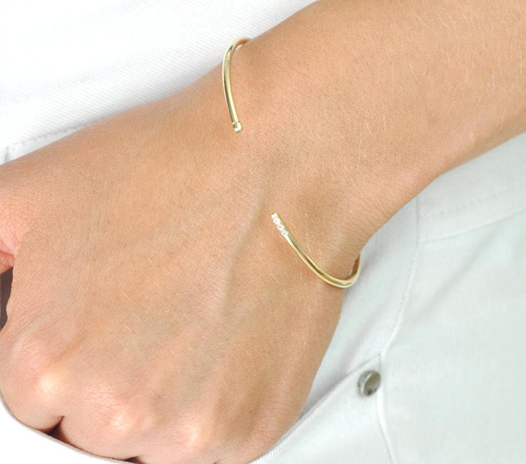 14k Gold Open Cuff Bracelet Trendy Gold & Diamond Delicate Etsy
