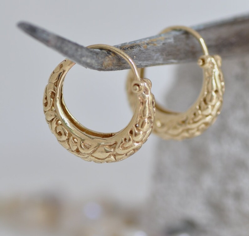 14K Gold Hoop Filigree Earrings Gypsy Casual Women Large Etsy