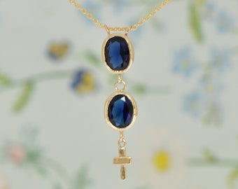 Blue Sapphire Pendant, Large Oval Blue Sapphire, 14k Gold and Sapphire Necklace, Sapphire and Cross Pendant, Graduation Unique Gift Necklace