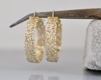 Aros de oro de 14 k, aros de oro amarillo de 14 k, aros grandes de oro macizo, aros grandes, estilo hippie