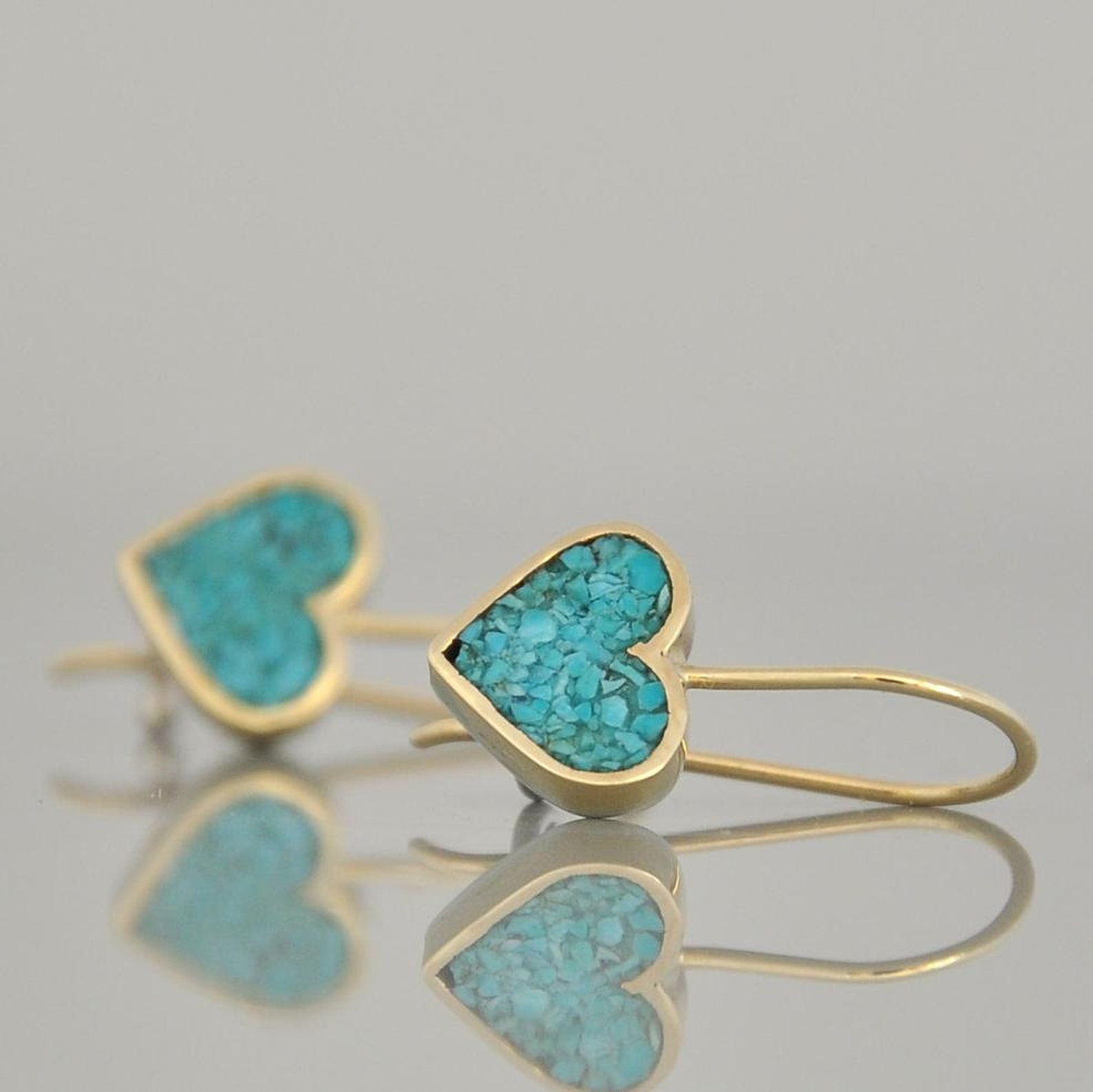 14k Solid Gold Dangle Earrings Heart Earrings Turquoise Etsy
