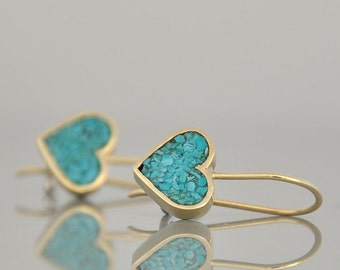 14k Solid Gold Turquoise Heart Dangle Earrings
