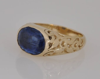 Anillo ancho de oro de 14 k, piedra azul ovalada, anillo de oro único y llamativo, anillo de oro ancho decorado, joyería fina de oro amarillo macizo