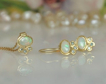 Conjunto de joyas de oro macizo, pendientes de ópalo de oro de 18k, collar de oro con ópalo, conjunto de pendientes y collar, conjunto de ópalo para bodas, conjunto para una novia, regalo de oro