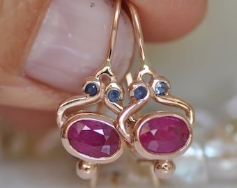 Rose Gold earrings, Drop Red Gold Earrings, 14k Gold Dangle Earring, Solid Gold Earrings , Ruby Gold Earrings