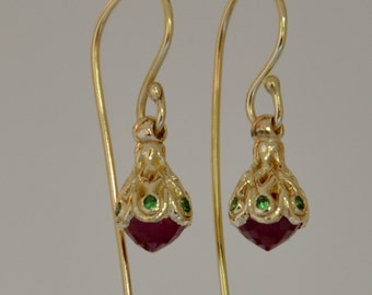 Ruby Earrings , Ruby Jewelry , 14k Gold Earring , Tiny Ruby Earring, 14k Gold Dangle Earring , Dainty Gold Earrings , Gold Drop Earring