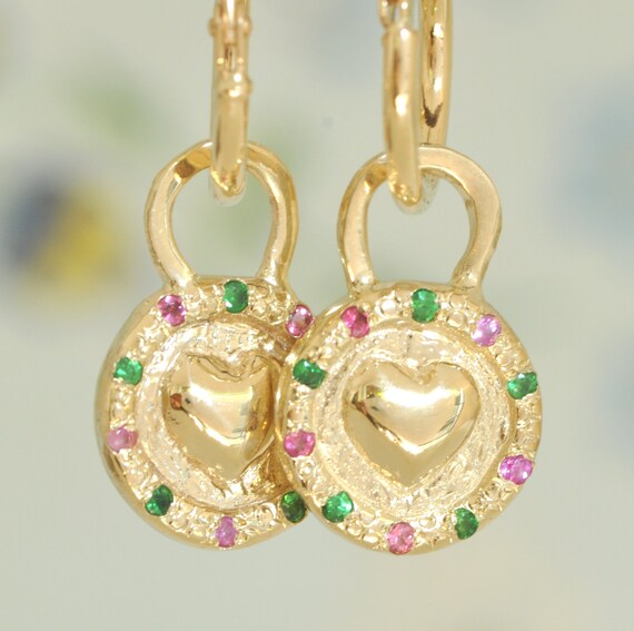 Hoop Gold Heart Earring, Pink Sapphire Gold Earring, Charm Hoop Gold Earring, Pink and Green stones, Unique Handmade Hoop Earring for Women