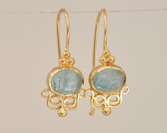 Aquamarine 14k Gold Earrings,  Gold Dangle Earring for Woman, 14k Solid Gold Hanging Earring, Everyday Fine Jewelry Earrings, Gold Gift Idea