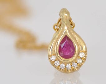 Ciondolo a goccia in oro 18k con rubino, collana con diamanti,