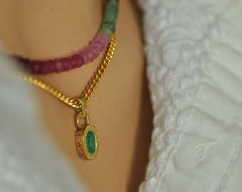 18K Gold Emerald Pendant Set, Green Emerald and Ruby Pendant Set with Gemstone Beads, Antique Style Necklace Set with Unique Gemstones Beads
