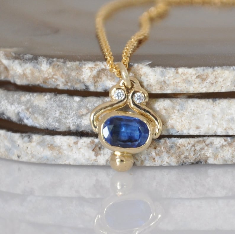 14K Sapphire Necklace Small 14K Gold Pendant Solid Gold Etsy