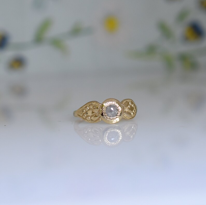 14k Gold Ring, Diamant Gold Ring, Unique Engagement, Solid Gold Ring, Woman Gold Ring Gift, Gold Engraved Ring, Floral Ring With Diamant