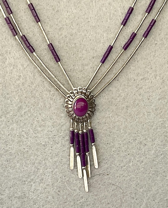 Native American Liguid Silver Multi Strand Purple… - image 1