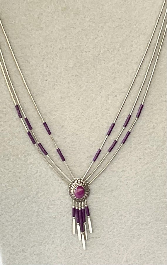 Native American Liguid Silver Multi Strand Purple… - image 3