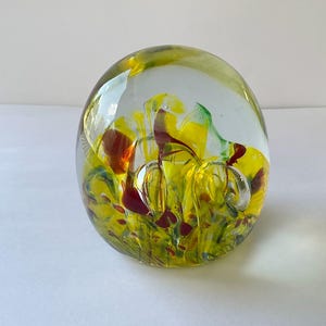 Vintage Art Glass Paperweight Multi Color Flowers With Bubbles