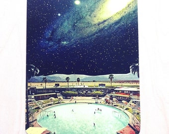 postkarte, grußkarte, collage, illustration, space, planeten, vintage postkarte "poolparty"