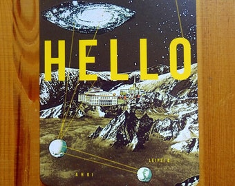 postkarte, grußkarte, collage, illustration, vintage postkarte "hello ahoi leipzig"