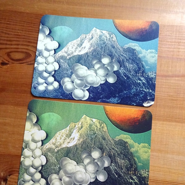 postkarte, grußkarte, collage, illustration, space, planeten, weltall, mountains, retro sci fi, vintage, 2er set "mountain bubbles"